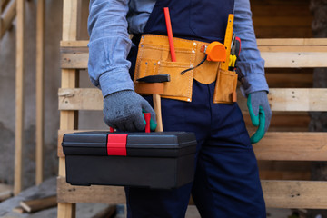 Close up construction tool belt and work instruments