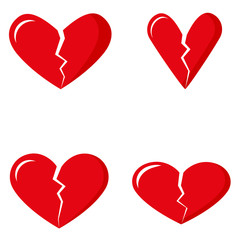 Set of broken red hearts. Valentine's Day. Flat style isolated on white background. Vector