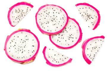 Sliced Ripe Dragon fruit isolated on white background. Pitaya or Pitahaya Top view