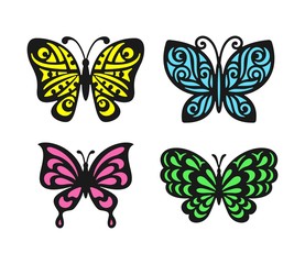 Obraz na płótnie Canvas Set of beautiful multi-colored openwork butterflies with a black outline. Colorful Isolated objects on a white background. Drawn design elements for logos, web icons, cute symbols. Vector illustration