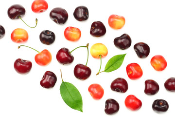 cherry with green leaf isolated on white background. Top view