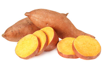 Sweet potatoes with slices isolated on a white background