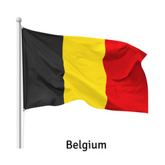 Flag of the Kingdom of Belgium in the wind on flagpole, isolated on white background, vector