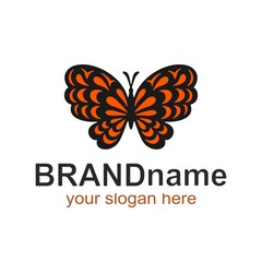 Logo red butterfly with a black outline on a white background. Icon, cute sign, symbol, brand identity for business, cosmetic, fashion, beauty salon, hairdresser, yoga studio, kids club. Vector image.