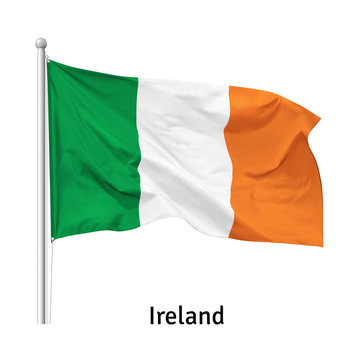 Flag of the Republic of Ireland in the wind on flagpole, isolated on white background, vector