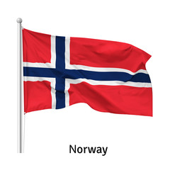 Flag of the Kingdom of Norway in the wind on flagpole, isolated on white background, vector