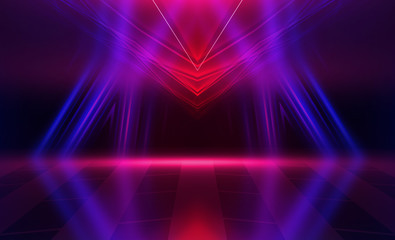 Fototapeta na wymiar Background empty show scene. Ultraviolet dark abstract background. Geometric neon shapes, neon glow, blue and pink lighting