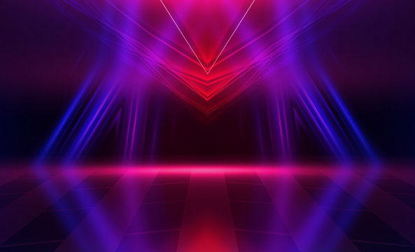 Background empty show scene. Ultraviolet dark abstract background. Geometric neon shapes, neon glow, blue and pink lighting © Laura Сrazy