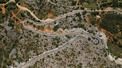 Aerial drone photo of top of Penteli mountain with great view to Athens urban area and Evian Gulf, Attica, Greece