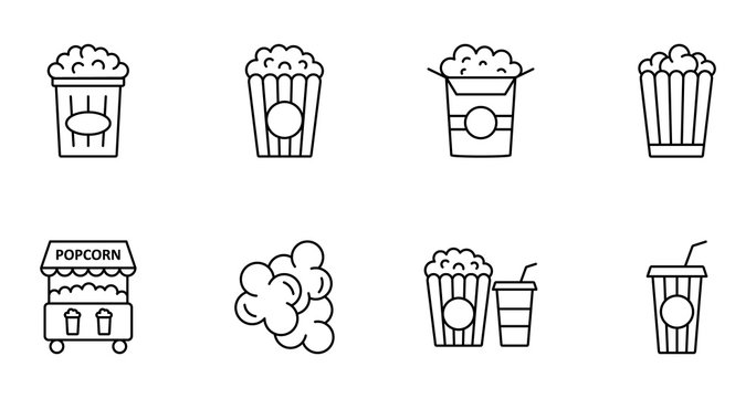 Popcorn line icons. Set of 8 vector images with editable stroke isolated on white background for web design, website
