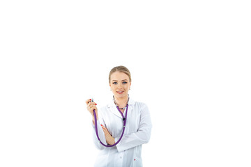 happy beautiful white young woman doctor in a white coat. look at the camera isolated on a white background