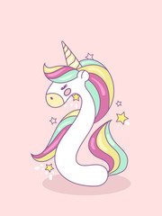 Cute unicorn pink number 2 with different colors horn, mane and tail. Greeting card. Happy Birthday two 2 year.