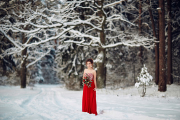 lovely girl in a red dress in the winter forest