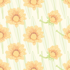 Cute Gazania flower surface pattern design. Vector floral seamless illustration background.