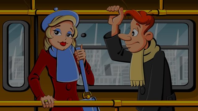 Animation of a cartoon about the coronovirus pandemic, COVID-19.  In public transport, a sick man sneezes at a woman.