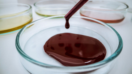 Scientist dropping a sample into Petri dish of blood test for coronavirus