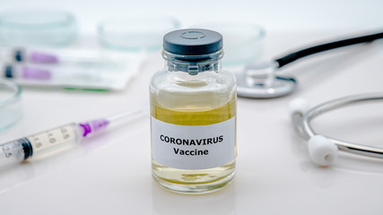 Sample for Covid 19 vaccination and syringe injection. Preventive medications.