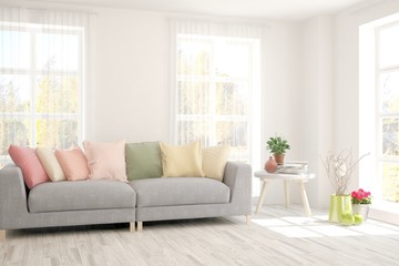 White living room with sofa. Scandinavian interior design. 3D illustration