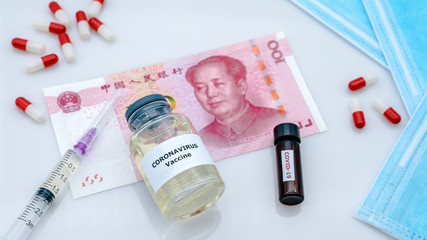 Cost of coronavirus vaccine, China virus. Chinese bill for Covid-19 vaccination.