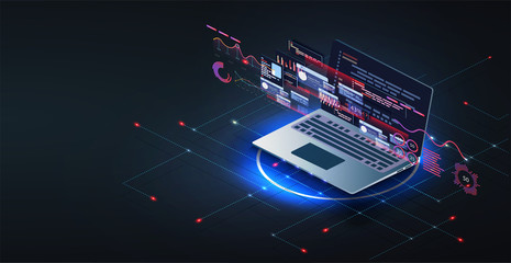 Application of laptop with business graph and analytics data on isometric laptop .Digital money market, investment, finance and trading. Perfect for web design, banner, presentation. Isometric vector