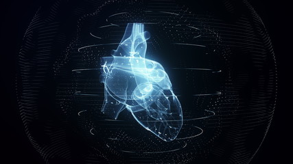 Anatomically correct blue digital human heart. Futuristic particle cardiac computer tomography scan 3D render. MRI future, disease treatment, healthcare and medical concept in 4k