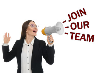 Young woman with megaphone and phrase JOIN OUR TEAM on white background. Career promotion