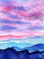Pink sunset mountains lanscape watercolor