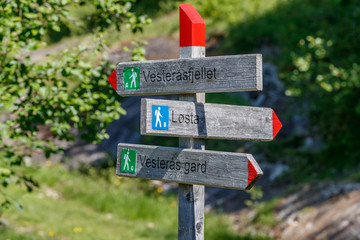 GEIRANGER, NORWAY - 2016 JUNE 13. Hiking sign in Geiranger nature