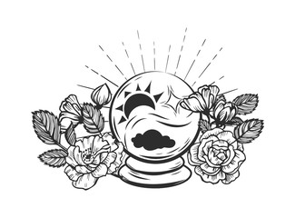 Fototapeta premium Magic crystal ball for fortune telling.Magic ball for prediction decorated with flowers on white background.