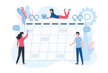 Work schedule, to-do list concept. Managers plan a working week, events, meetings, deadlines for projects. Women with a laptop and pen, a man makes his edits. Flat vector illustration