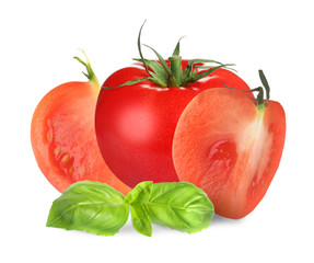 Fresh basil leaves and organic tomatoes isolated on white