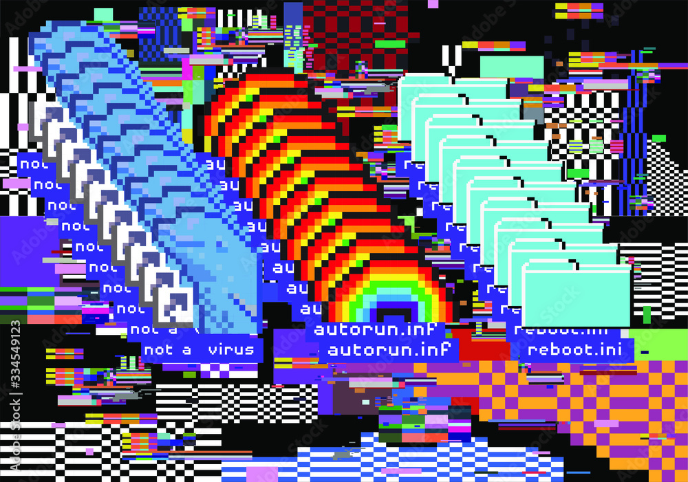 Aufkleber vaporwave 80s-90s retrofuturistic background with glitched and pixelated computer screen.