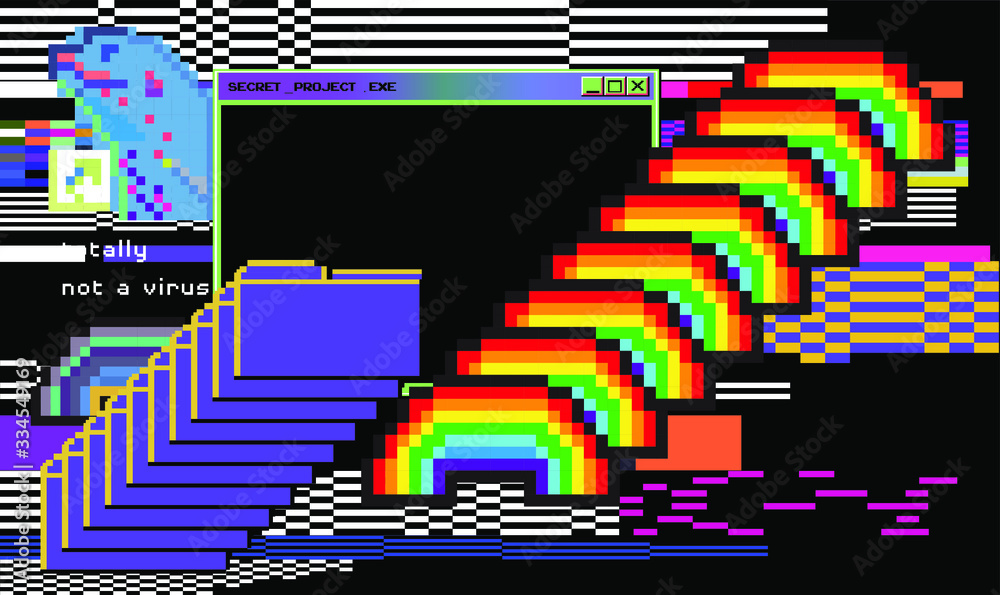 Aufkleber Vaporwave 80s-90s retrofuturistic background with opened terminal console, command-line interface of program. Glitched and pixelated computer screen.