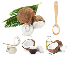 Set of coconuts and organic cooking oil on white background