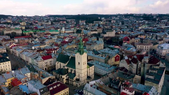 iew on Latin Cathedral in Lviv, Ukraine  from drone