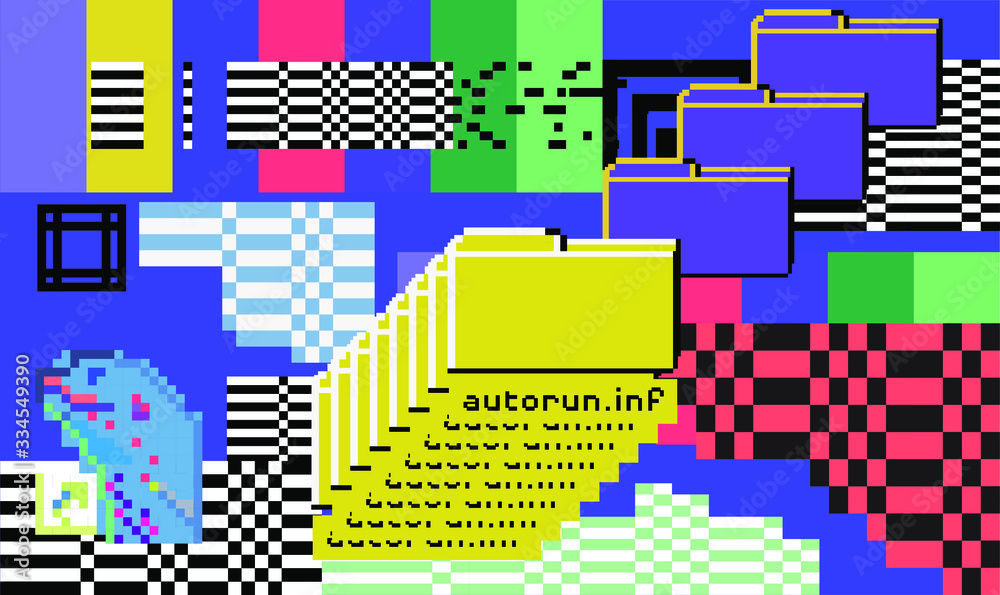 Poster Vaporwave 80s-90s retrofuturistic background with glitched and pixelated computer screen.