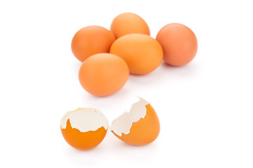 Eggshells and eggs isolated on white background