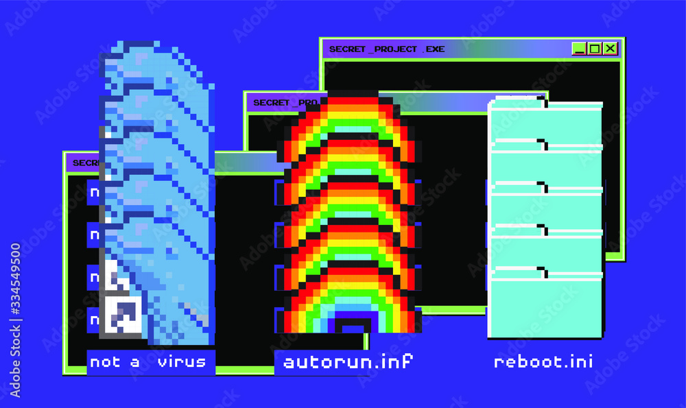 Poster Vaporwave 80s-90s retrofuturistic background with opened terminal console, command-line interface of program. Glitched and pixelated computer screen.