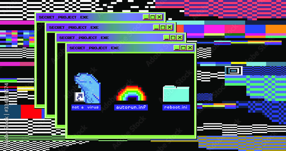 Aufkleber Vaporwave 80s-90s retrofuturistic background with opened terminal console, command-line interface of program. Glitched and pixelated computer screen.