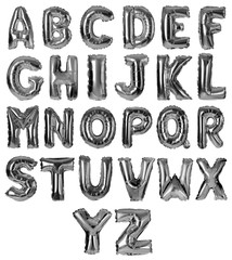 Set with silver foil balloons in shape of letters on white background