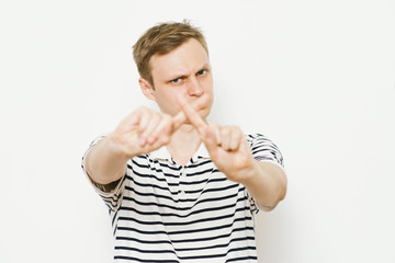 Stop gesture with indignation shown by men