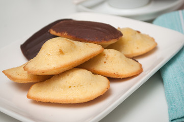 Closeup of french chocolate madeleines on white background