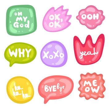 Collection of vector multicolored glossy stickers on white background. Teens millenials culture. Set of stickers on different shapes. Cool expression, slang, comics, gaming style, web, speech bubbles