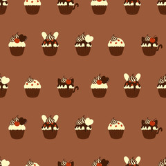 レトロカップケーキ　シームレスパターン　ブラウンA