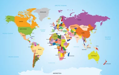 Weltkarte mit Namen von Ländern und Ozeanen. Reisebürokonzept © New Africa