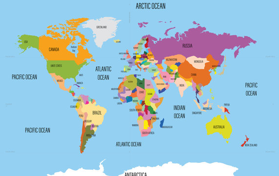 World map with names of countries and oceans. Travel agency concept © New Africa
