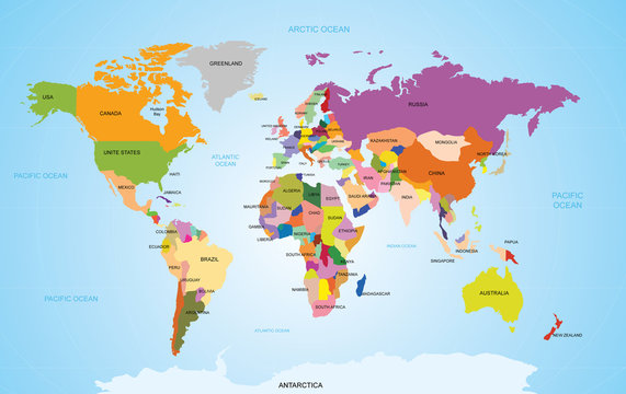 World map with names of countries and oceans. Travel agency concept