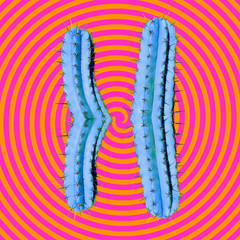 Contemporary art collage. Geometry and blue cactus creative concept