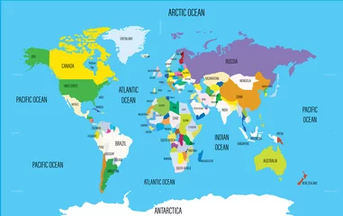 Weltkarte mit Namen von Ländern und Ozeanen. Reisebürokonzept © New Africa