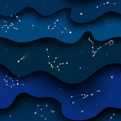 Seamless paper cut pattern with blue night sky and zodiac constellations. Starry sky. Astrology. Space background.